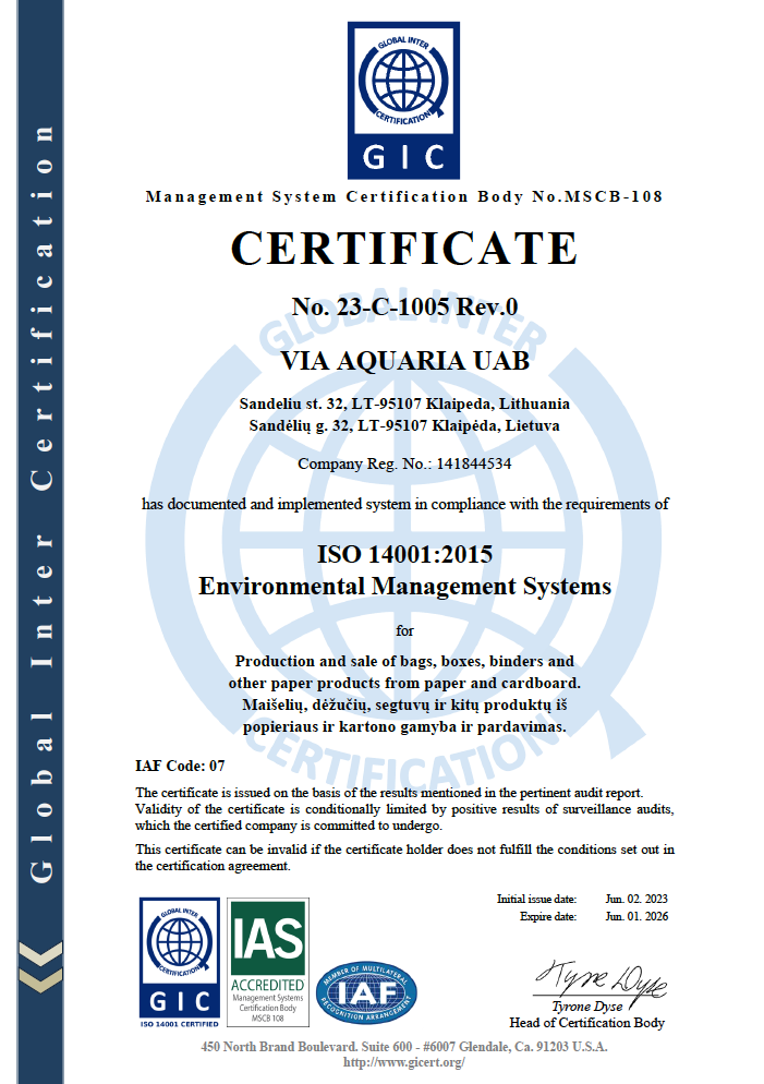 Via Aquaria ISO 14001 Certificate