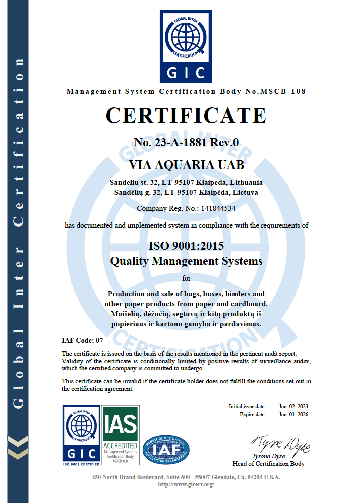 Via Aquaria ISO 9001 Certification